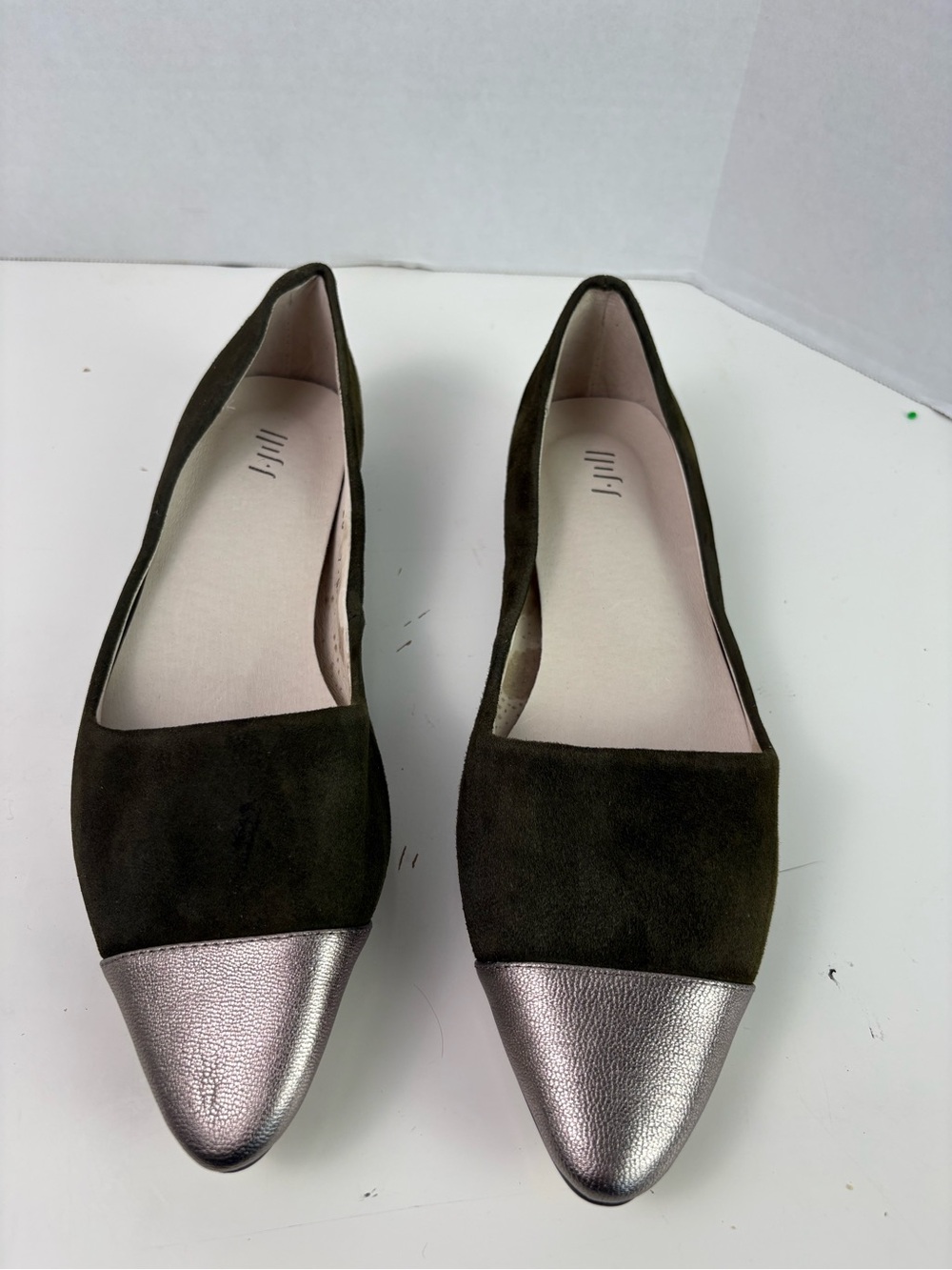 J. Jill Olive Suede Flats with Metallic Silver Cap Toe